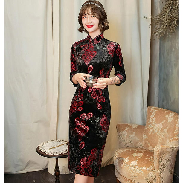 Chinese Traditional Long Cheongsam Women Lace Dress Prom Qipao Size M-4XL